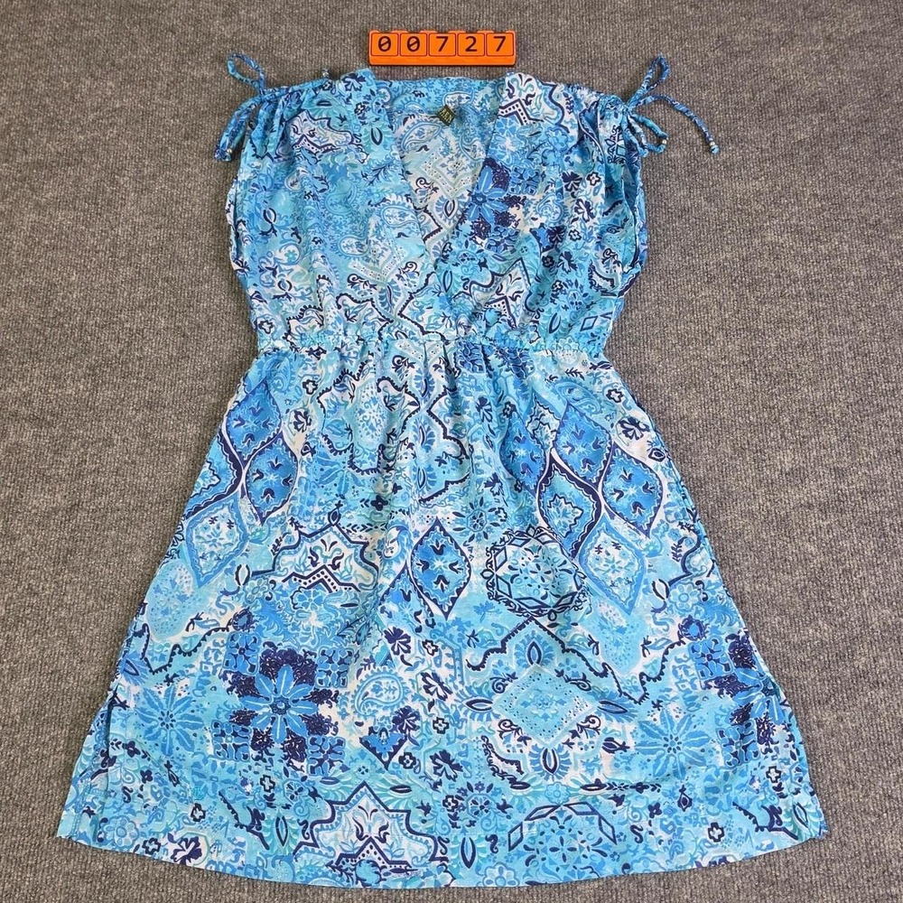 Lauren Ralph Lauren blue and white paisley mini dress with shoulder ties.